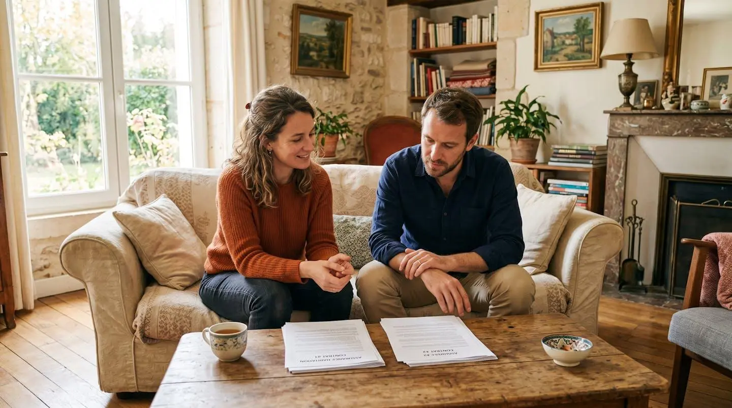 Deux adultes comparant des documents d'assurance emprunteur sur une table basse dans un salon lumineux
