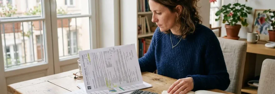 Personne étudiant des documents de crédit immobilier avec une calculatrice et un carnet de notes sur une table en bois clair