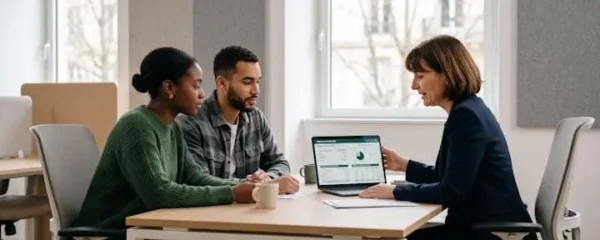 Conseiller bancaire et jeune couple analysant ensemble plusieurs documents de simulation de prêt immobilier sur un bureau d'agence en France