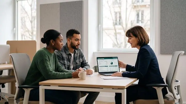 Conseiller bancaire et jeune couple analysant ensemble plusieurs documents de simulation de prêt immobilier sur un bureau d'agence en France