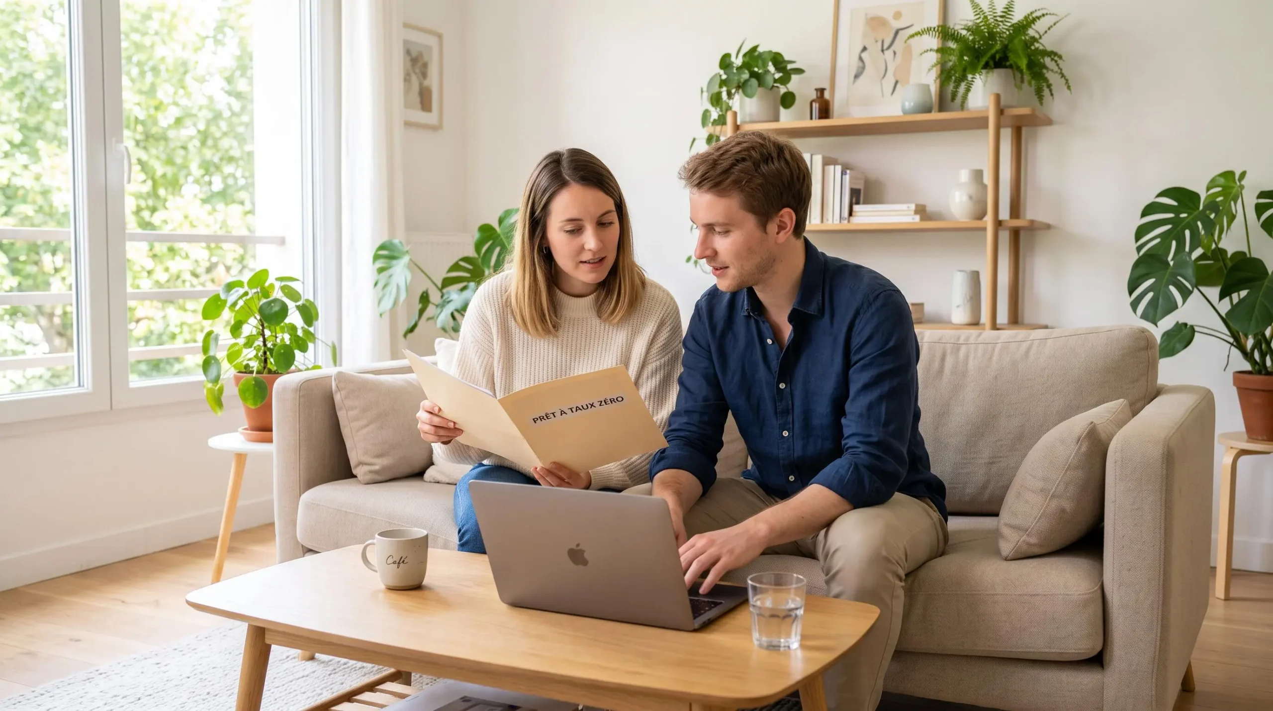 Jeune couple français consultant ensemble un dossier Prêt à Taux Zéro dans un intérieur contemporain lumineux