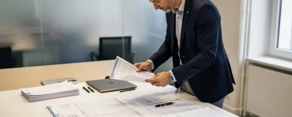 Analyste crédit examinant un dossier de demande de prêt immobilier dans une agence bancaire française