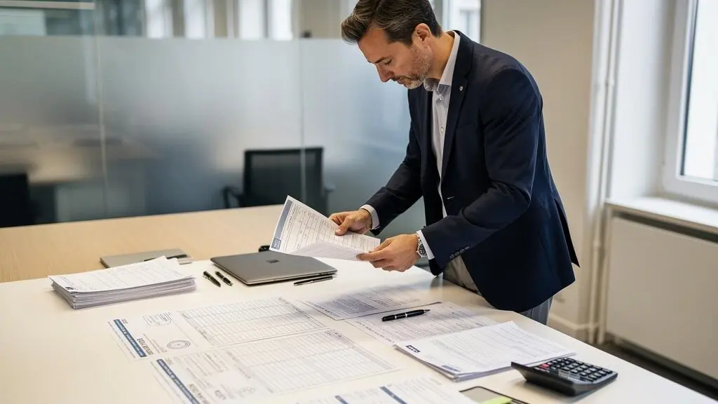 Analyste crédit examinant un dossier de demande de prêt immobilier dans une agence bancaire française