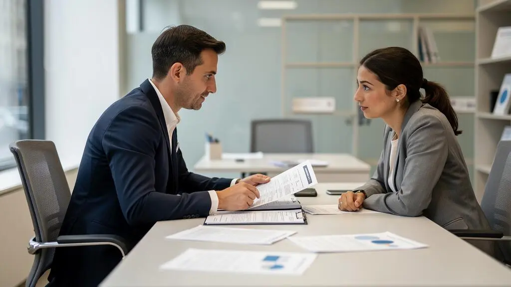 Conseiller bancaire et client échangeant autour d'un dossier de crédit immobilier en agence