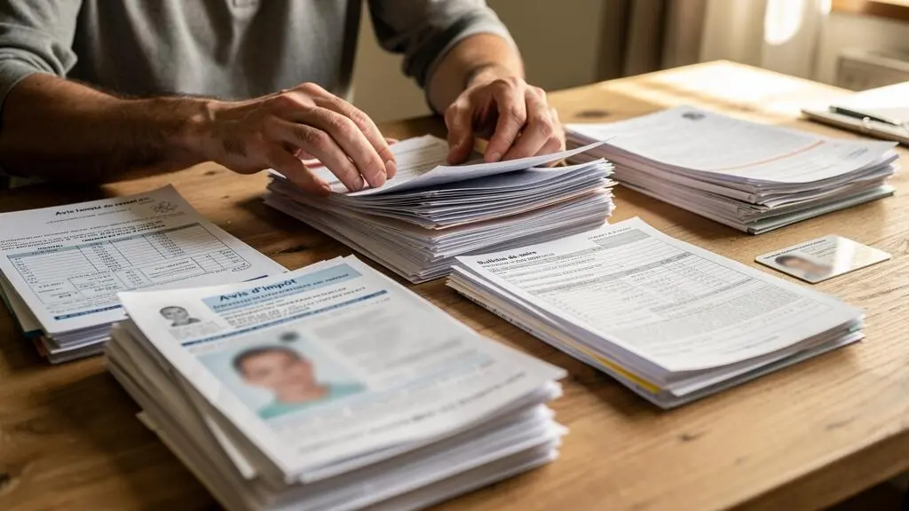 Personne organisant des documents administratifs pour constituer un dossier de crédit immobilier à domicile